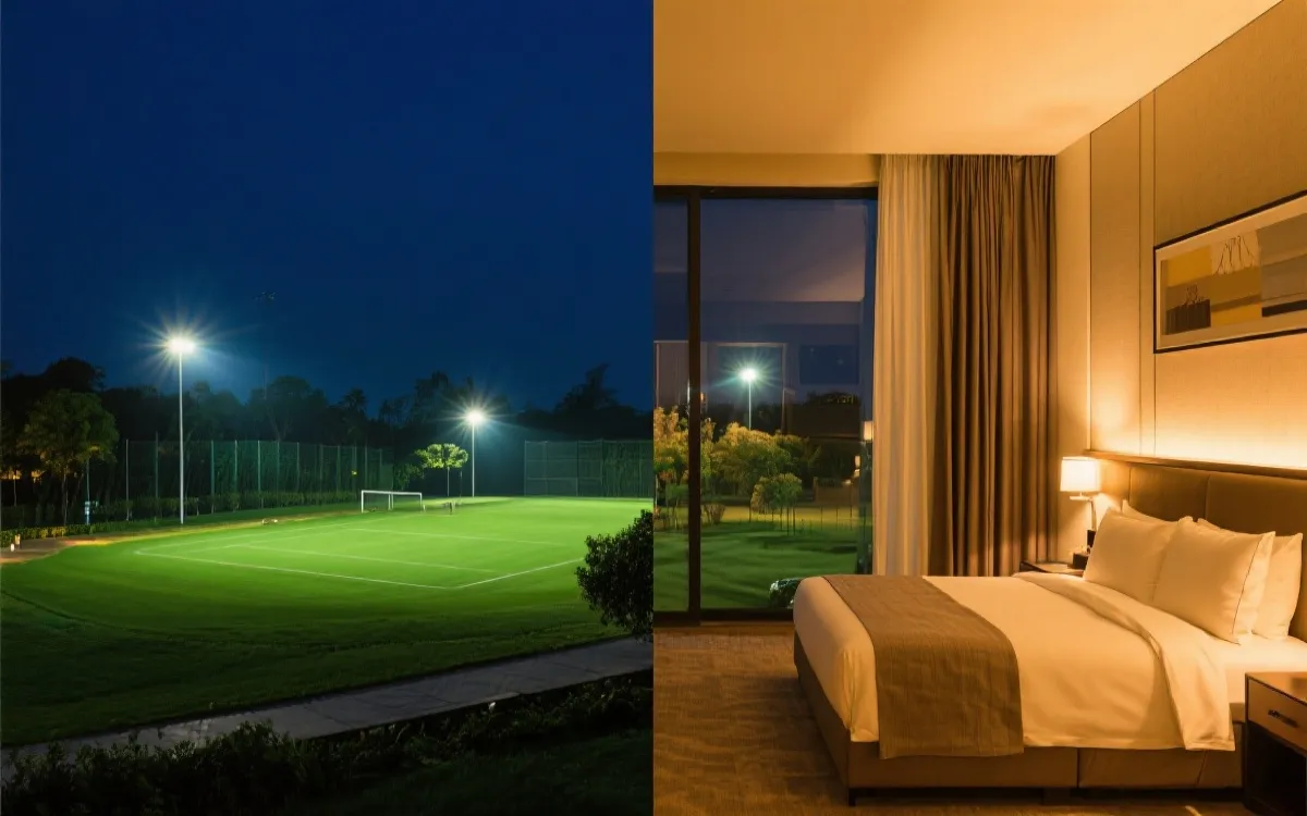 夜晚球场灯光与城市精品酒店房间氛围，轻奢观赛旅行视觉
